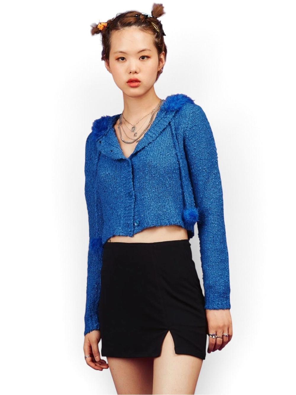 Unif Fuku Fuzzy Blue Cropped Sweater with Hood